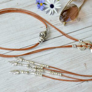 Open leather wrap necklace lariat with zamak beads and feather pendants at the ends