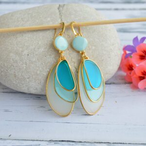 Layered blue, white and gold long earrings