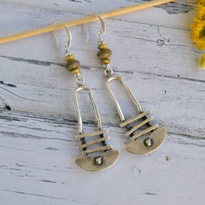 Berber-inspired striking long earrings with ethnic silver zamak pendant and yellow glass beads