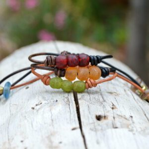 Adjustable leather bracelet with coloured African recycled glass beads