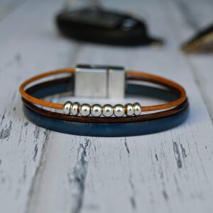 Blue and brown multi leather bracelet with silver beads and magnet clasp.