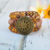 Cuff bracelet with pink rhodonite and brown mookaite beas and large button clasp