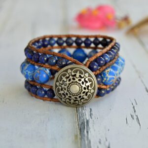 Wide Cuff bracelet in leather, lapis lazuli and blue sea jasper beads and button with mandala design.