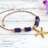 African bronze rustic starfish choker necklace with deep blue disc-shaped glass beads