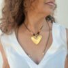 Long or short necklace with large gold-plated zamak heart-shaped pendant, adjustable leather